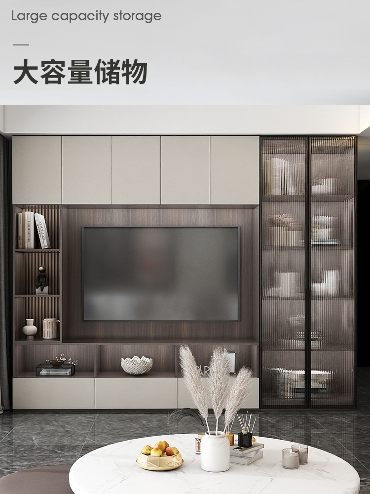 現(xiàn)代簡約組合電視柜 輕奢實(shí)木與玻璃門的完美結(jié)合，提升客廳儲(chǔ)物美學(xué)